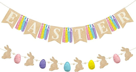 Easter Party Decorations Burlap Rabbit Bunny 3D Felt Egg with Wood Beads Garland Felt Easter Sign Burlap Pennant Banner Flag with Pastel Ribbon for Easter Spring Birthday Baby Shower Party Supplies-Ruum Studio Home