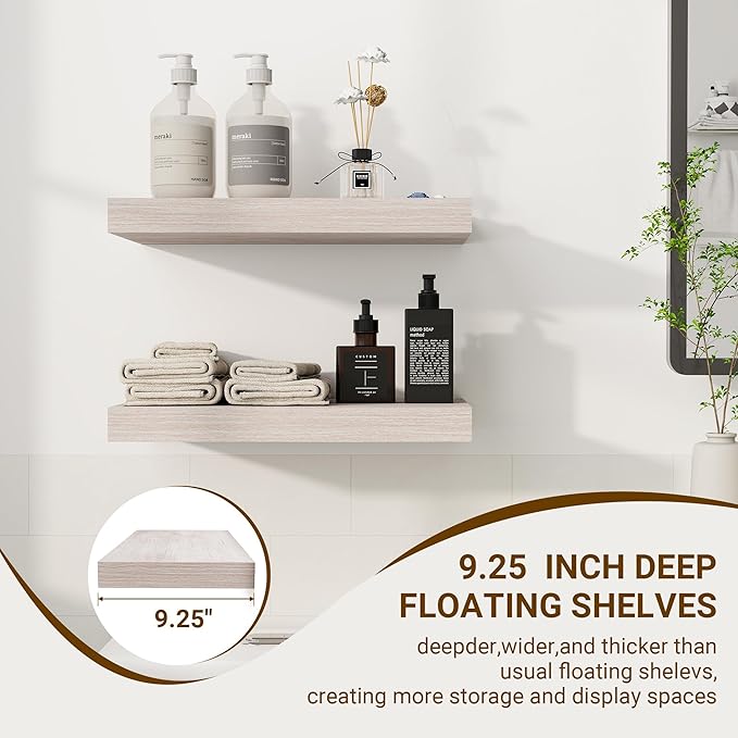 16 Inch Floating Shelves, 3D Textured Wood Grain, 16"x9.25"x1.5" Inch Deep Floating Shelves for Wall, Wooden Shelves for Bathroom, Bedroom, Living Room, Washed White-Ruum Studio Home