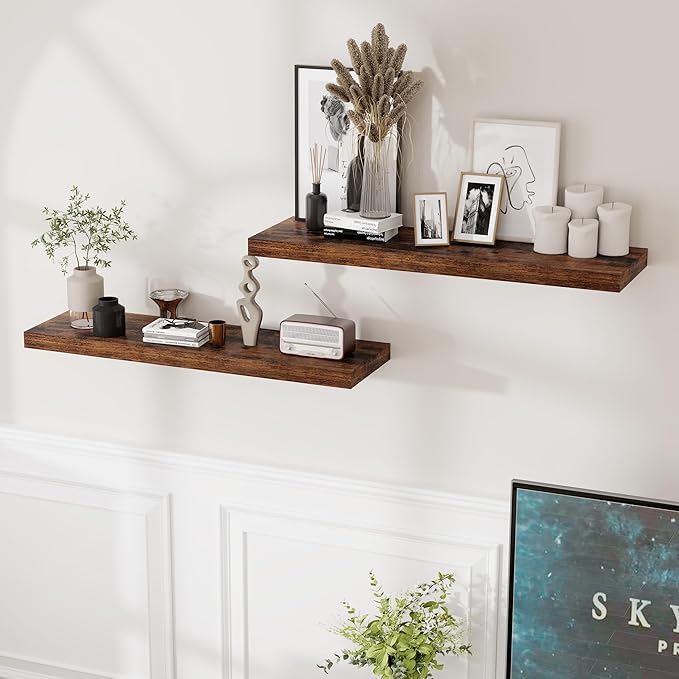 Fun Memories Rustic Wood Floating Shelves for Wall, 36 x 9 Wall Shelves Set of 2, Deep Floating Shelf for Kitchen, Living Room Storage & Display, Deep Wooden Bookshelf, Rustic Brown Color-Ruum Studio Home