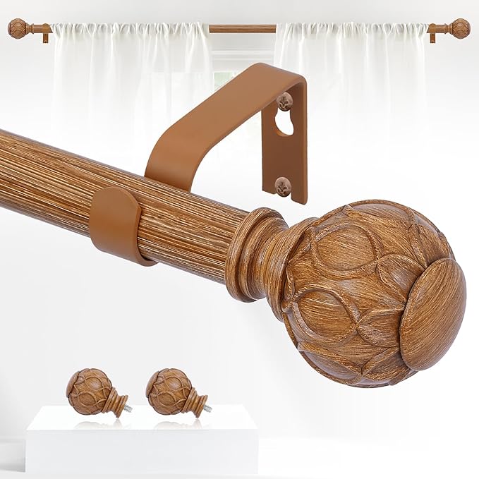 Wood Boho Curtain Rods for Windows:72-144Inch Wooden Farmhouse Curtain Rod for Bedroom Living Room,Heavy Duty Adjustable Rustic Decorative Drapery Rod with Vintage Imitation Wood Finial,Brown-Ruum Studio Home