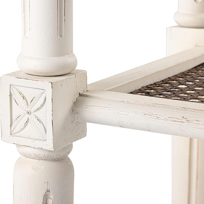 Rustic Farmhouse Cottagecore Accent End Table, Distressed Accent Side Table with Espresso Tray Top and Woven Wicker Shelf, Boho, French Country Decor, Square, Weathered Brown & White-Ruum Studio Home