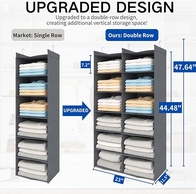Dual-Row 6 Tier Shelf Hanging Closet Organizer and Storage, 12 Pockets Clothes Storage Shelves with 3 Sturdy Hooks for Clothing Organization, Dorm Room Essentials for Girls, Foldable, Grey-Ruum Studio Home