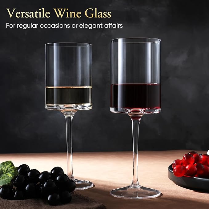 Premium Crystal Wine Glasses - Hand Blown, Thin Rim, Long Stem, Square Unique Design - Set of 4, 15oz - Perfect for Men or Women, Wedding, Anniversary, Christmas, Birthday Gift-Ruum Studio Home