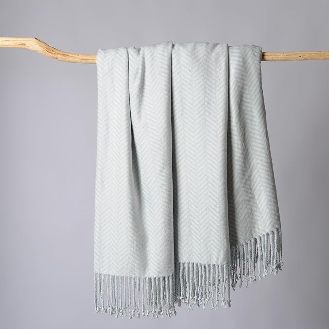 CUDDLE DREAMS Silk Throw Blanket with Hand-Knotted Fringe, Natural, Soft & Breathable (Herringbone Blue)-Ruum Studio Home
