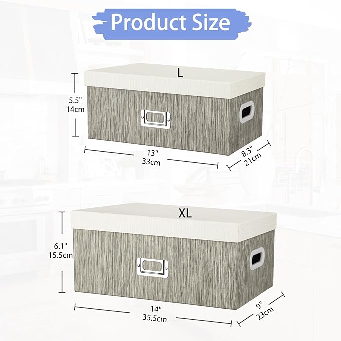 Briful Set of 2 Decorative Storage Boxes with Lids – Gray & White Nesting Organizer Bins, 14'' + 13'' Set Rectangular Fabric Covered Cardboard Boxes for Office, Closet, or Home Decor-Ruum Studio Home