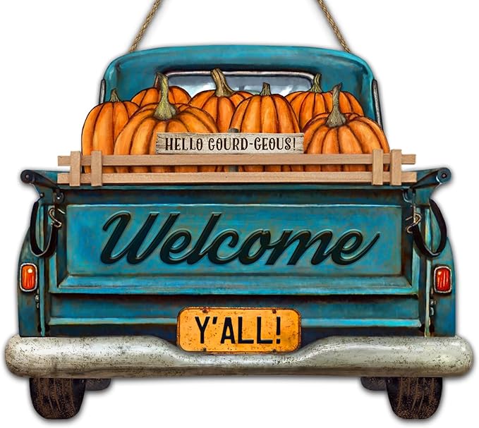 Interchangeable Welcome Sign for Front Door Blue Farmhouse Truck Decor Hanging Sign with 11 Interchangeable Seasonal and Holiday Decor Signs 12x14 in. (Blue Farmhouse Truck)-Ruum Studio Home