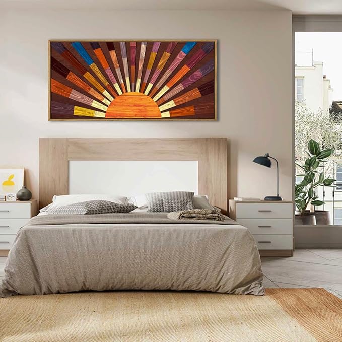 IARTTOP Extra Large Boho Sun Wood Wall Art for Living Room Wooden 3D Framed Abstract Sun Rising on the Horizon Geometric Wall Decor Mid century Sunshine Artwork Home Bedroom Office20 * 40 Inch-Ruum Studio Home