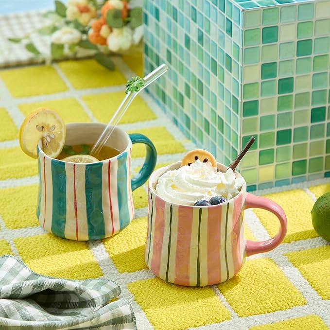 Striped Ceramic Coffee Mugs Set - 2 Pack, Pink & Green，Perfect for Morning Brew or Tea and Cocoa - for Coffee Lovers-Ruum Studio Home