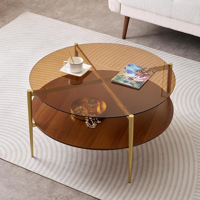 Extra Large Round Coffee Table, Mid-Century Modern Design, D34 x H17 in, for Living Room, 2-Tier Structure, Amber Glass Top and Walnut MDF Shelf, Sleek Conical Metal Legs with Gold Finish-Ruum Studio Home