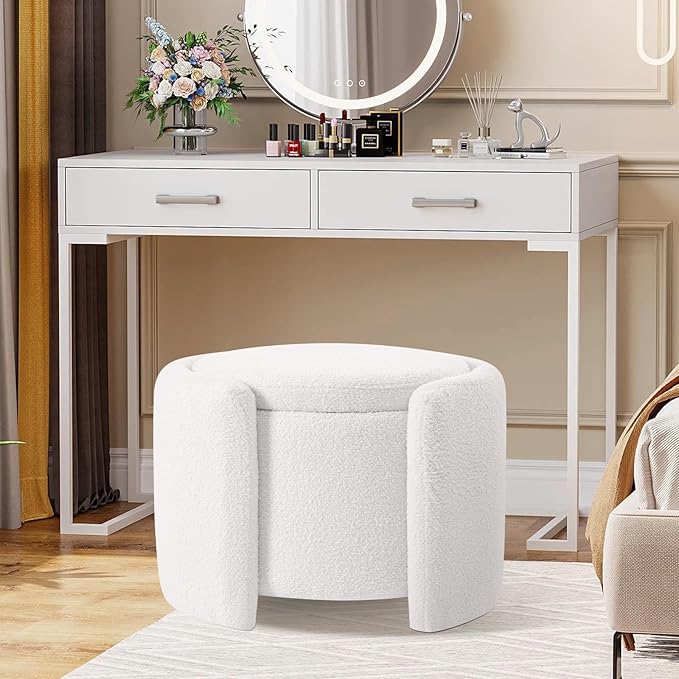 Furniliving Upholstered Button Tufted Round Ottoman, Ottoman with Storage, Teddy Footrest Stool, Removable Lid Convenient Footstools, Bedroom Ottomans with Storage for Vanity, Living Room, White-Ruum Studio Home