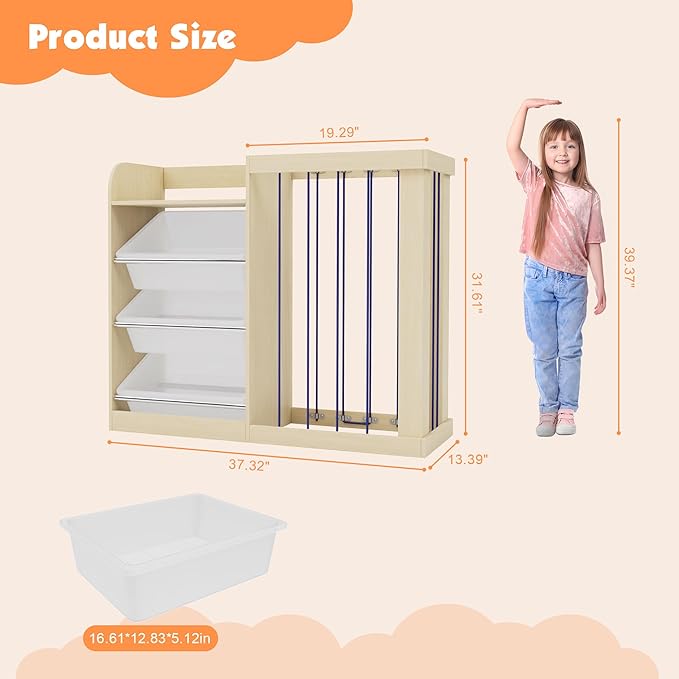 Kids Toy Storage Organizer with 3 Removable Plastic Bins Toddler Montessori Bookshelf with Stuffed Animal Net Holder Baby Bookcase Plush Organizer for Playroom, Bedroom,,Kids Room,Classroom,Nursery-Ruum Studio Home