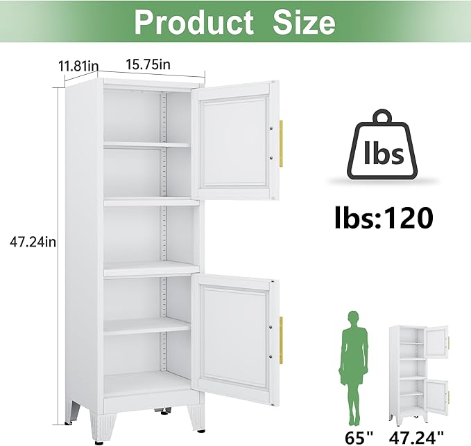 47.24" H Metal Narrow Bathroom Storage Cabinet Pantry Storage Cabinet, 2 Adjustable Shelves for Kitchen, Home Office, Living Room, Dinning Room (White)-Ruum Studio Home