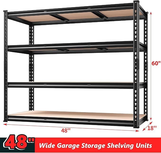 REIBII 48" W Garage Shelving Heavy Duty, 2000LBS Storage Shelves, 4 Tier Adjustable Metal Shelves for Garage Shelving Sturdy Industrial Shelf, Easy Assemble, 48" W x 60" H x 18" D-Ruum Studio Home