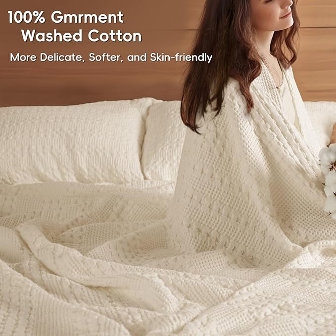 PHF 100% Cotton Waffle Weave Blanket King Size, Soft Lightweight Breathable Cozy Summer Blankets for Bed, Luxury Aesthetic Woven Bedding for Home Decor, 108"x90", Undyed-Ruum Studio Home