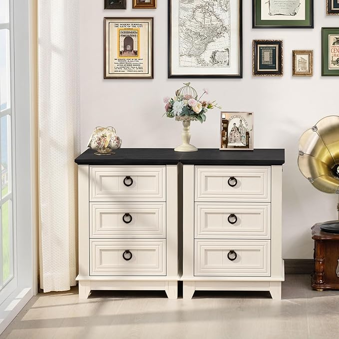 Farmhouse Night Stand Set of 2, 18" End Table with 3 Drawer Metal Handle, Dresser for Bedroom, Sofa Bed Side Table Chest of Drawers,Wood Nightstand Cabinet for Organizer, Living Room-White-Ruum Studio Home