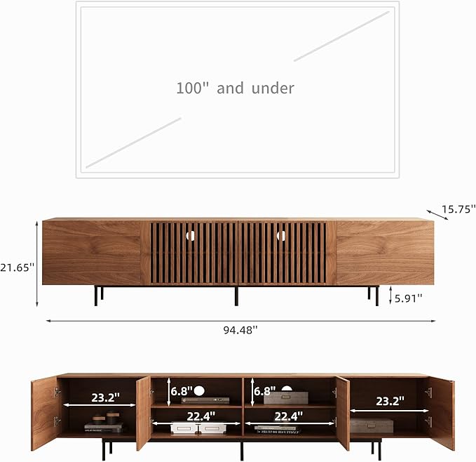 Mid Century Modern TV Stand for 80+ Inch TVs, 94.48" Walnut Console with Ample Storage – Stylish Entertainment Center for Living Room or Bedroom-Ruum Studio Home