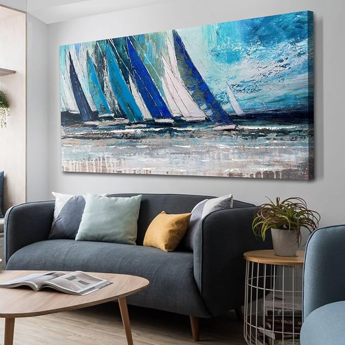 Arjun Blue Abstract Wall Art Canvas Teal Ocean Sailboat Picture Modern Turquoise Coastal Nautical Painting, Extra Large 58"x29" Framed Textured Artwork for Living Room Bedroom Home Office Wall Decor-Ruum Studio Home