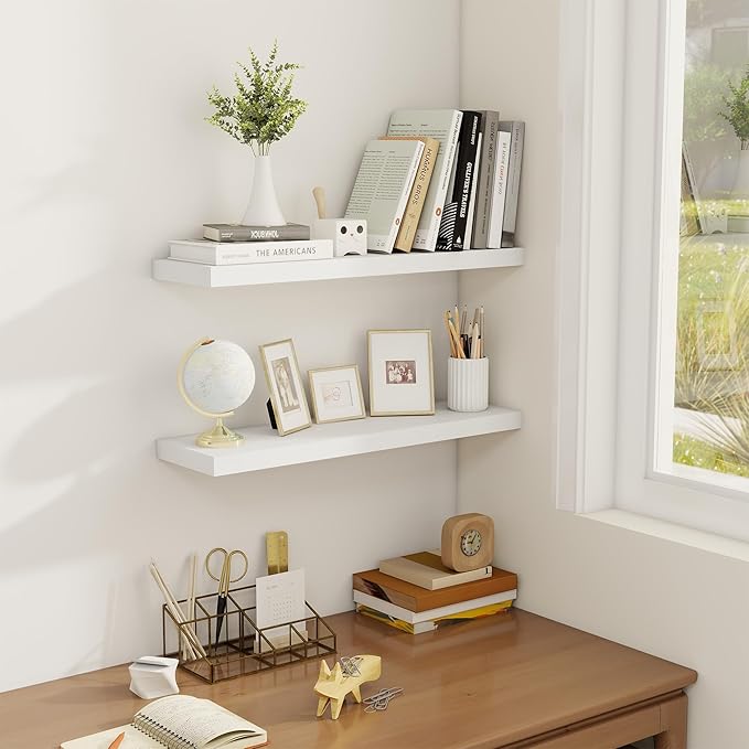 Fun Memories Floating Shelves for Wall, 24" Rustic Wood Deep Wall Mounted Shelves with Invisible Brackets for Decor & Storage, Floating Shelf for Living Room, Bathroom (White, Set of 2)-Ruum Studio Home