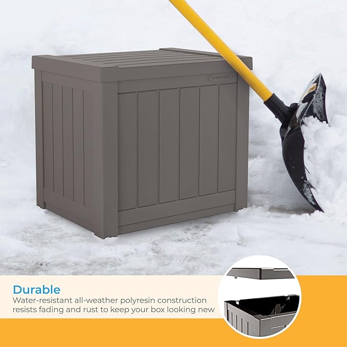Suncast 22-Gallon Small Deck Box - Lightweight Resin Indoor/Outdoor Storage Container and Seat for Patio Cushions and Gardening Tools - Store Items on Patio, Garage, Yard - Stone Gray, Made in the USA-Ruum Studio Home