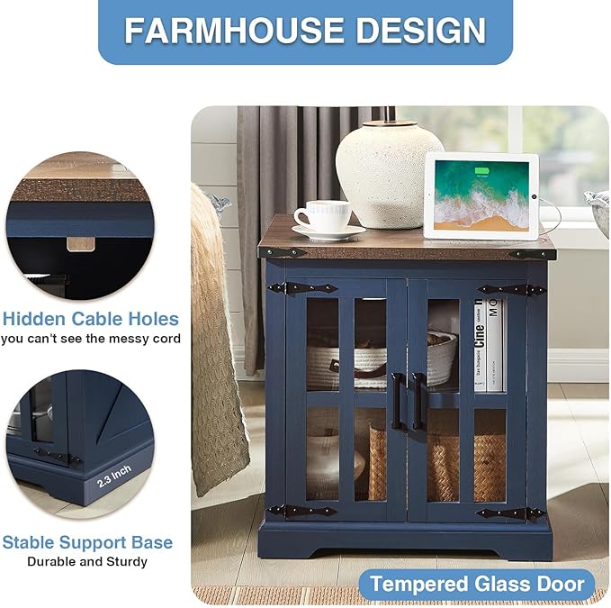 Farmhouse End Table with Charging Station,24" Large Sofa Side Table with Glass Barn Door, Rustic Wood Nightstand Bedside Table with Adjustable Storage Shelf for Living Room, Bedroom, Blue-Ruum Studio Home