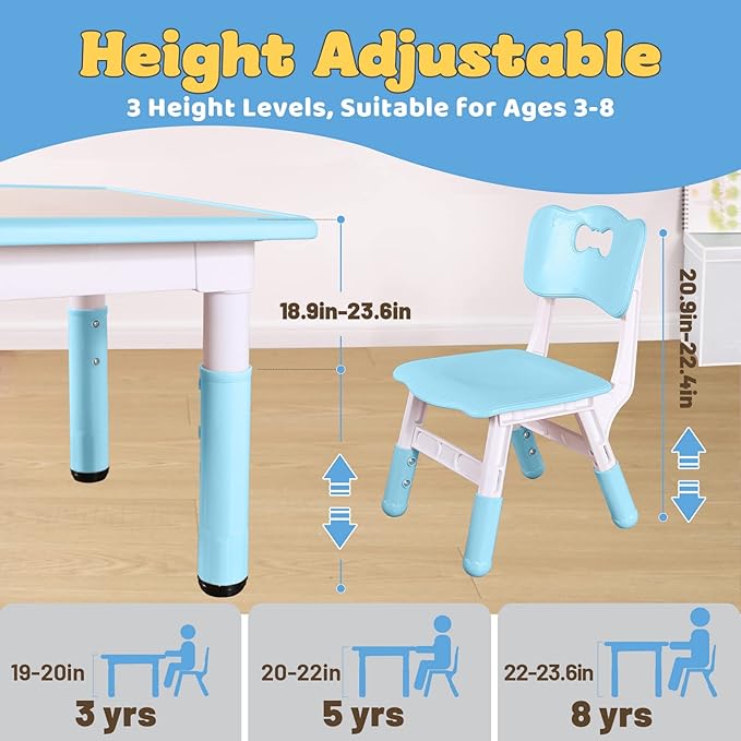 FUNLIO Kids Table and 4 Chairs Set, Height Adjustable Toddler Table and Chair Set for Ages 3-8, Easy to Wipe Arts & Crafts Table, for Classrooms/Daycares/Homes, CPC & CE Approved (5-Piece Set) - Blue-Ruum Studio Home