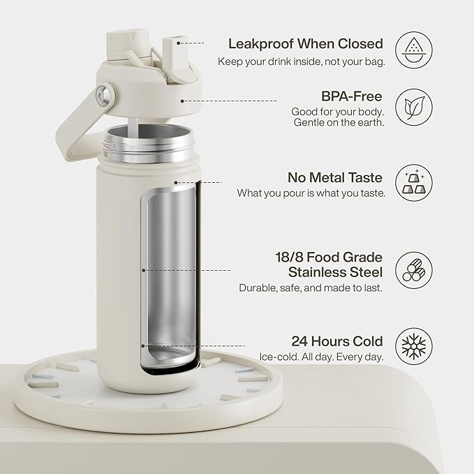 Insulated Water Bottle with Straw Stainless Steel Water Bottle, Leak-Proof, BPA-Free, Double Wall Vacuum Keeps Cold for 24 Hours for Sports, Travel, School (18 oz, Cream Moon)-Ruum Studio Home