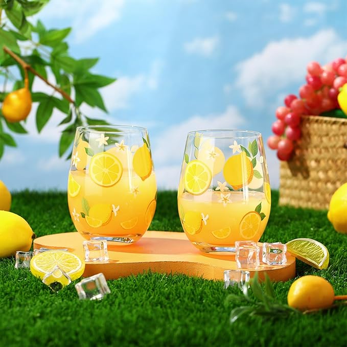 Sliner 2 Pack Lemon Stemless Wine Glasses 17oz Lemon Drinking Glasses Clear Stemless Wine Tumbler Unique Gift for Wedding, Mother's Day Birthday Drinking Party-Ruum Studio Home