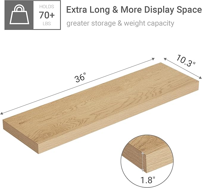 10 inches Deep Floating Shelves 36 inch Long, Large Oak Wall Shelves Heavy Duty 70 lbs for Bedroom, Bathroom, Living Room, Kitchen, Office, Modern Shelf Home Decor with Invisible Bracket-Ruum Studio Home