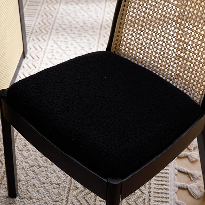 Mid Century Dining Chairs Set of 2, Accent Rattan Sherpa Fabric Side Chairs Kitchen Chair with Solid Wooden Legs for Living Room Dining Room, Black-Ruum Studio Home