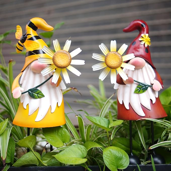 HONGLAND Gnome Metal Yard Art - Metal Gnome Statue -Gnome Outdoor Decorations - Bee and Ladybug Garden Statue- Christmas Holiday Lawn Patio Yard Garden Decor (Set of 2)-Ruum Studio Home