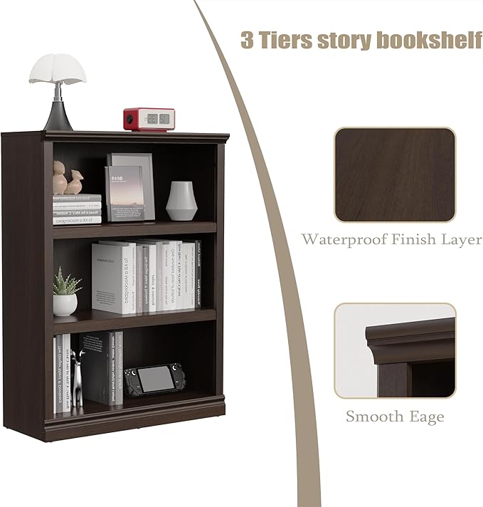 43 in Tall Bookcase, 3-Tier Bookshelf Open Storage, 33 inch Wide Floor Standing Indoor Furniture, Book Cases for Home School Library Office Bedroom Kids, Dark Cherry 3 Tiers-Ruum Studio Home