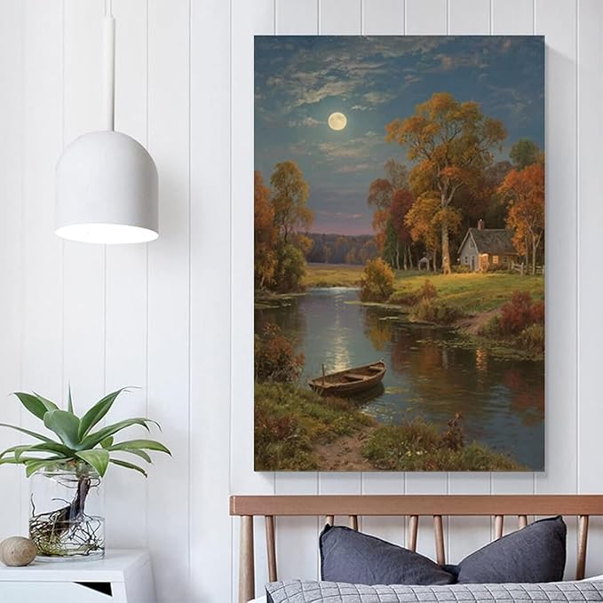 Small house by the stream under the moonlight tranquil style suitable for living room bedroom and office landscape poster wall art-Ruum Studio Home