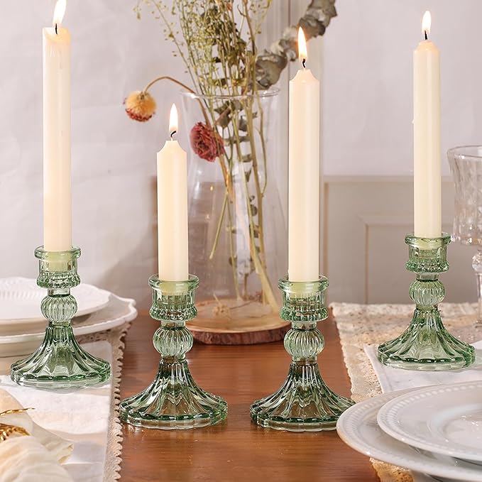 12PCS Green Candlestick Holders Set- 4" H Taper Candle Holders, Glass Candle Holders Bulk for Wedding, Party, Home Table Centerpieces, Festival Gifts & Windowsill Decor-Ruum Studio Home