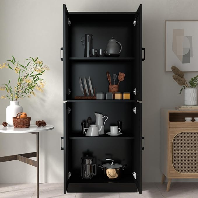 Black Rattan Kitchen Pantry, 71" Tall Storage Cabinet with Doors, Boho Hutch for Dining Room-Ruum Studio Home