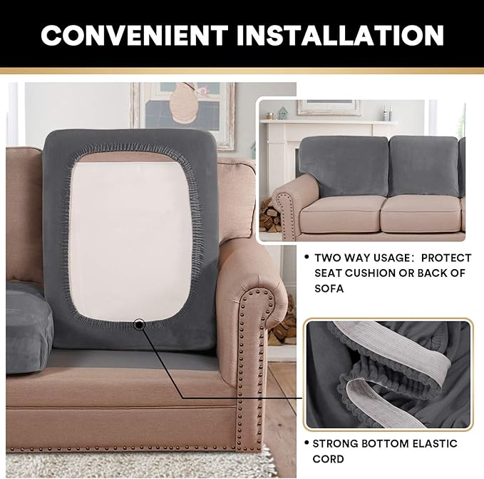 PrinceDeco Velvet Stretch Couch Cushion Cover, Sofa Slip Covers for Cushion Couch Chair Loveseat Sofa Furniture Protector Cushion Sofa Cover Each Width Up to 29.5", Grey-Ruum Studio Home