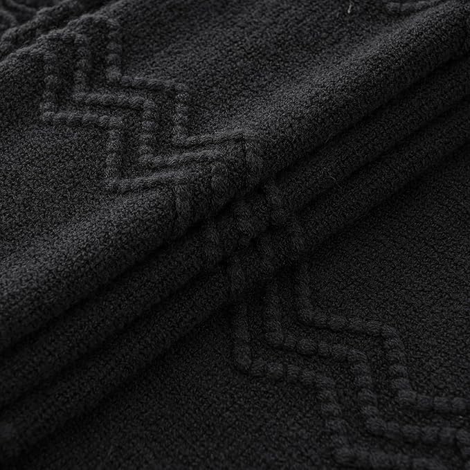 MIULEE Black Knitted Throw Blanket for Couch Textured Knit Blanket with Tassels Cozy Woven Boho Bed Blanket for Sofa Bed Chair Acrylic Wave Pattern 50"x60"-Ruum Studio Home