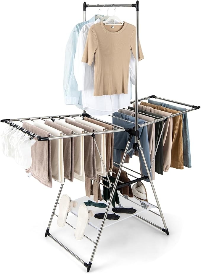 Giantex Clothes Drying Rack, Foldable Laundry Drying Rack with with 6-Level Adjustable Height, High Hanger Design, Side Clips, Space Saving Collapsible Laundry Drying Rack-Ruum Studio Home