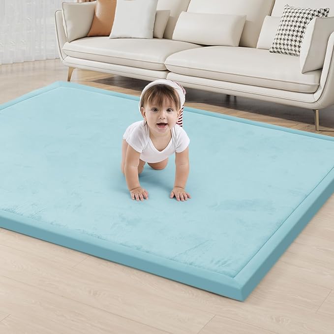 ACOMOPACK Baby Play Mat for Floor 1.3" Thick Memory Foam Play Mat 79"×157 Tummy Time Crawling with Non-Slip Bottom for Living Room,Nursery,Soft Velvet Playpen Mats for Kids,Infants（Light Blue）-Ruum Studio Home