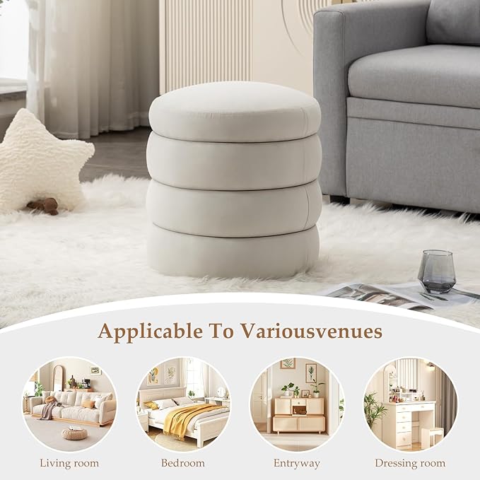 Furniliving Modern Round Ottoman, Soft Bedroom Ottoman Footstool Round Ottomans Stool for Living Room, Bedroom, Makeup Room, White, Velvet-Ruum Studio Home