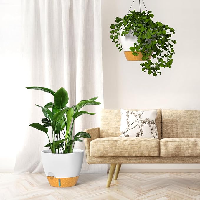 ZMTECH 12 Inch Hanging Planters for Indoor Outdoor Plants, 2 Pack Self Watering Hanging Plant Pots with Drainage Hole, Visual Reservoir, Plastic Flower Hanging Pots with Watering Lip (White)-Ruum Studio Home