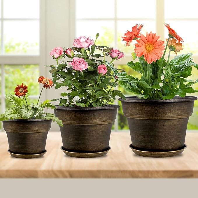 Plant Planters Pots Set of 4 Pack 9 Inch, Plastic Flower Pot for Indoor Plants with Drainage Holes & Trays, Resin Decorative Container Sets with Saucer for House Outdoor Garden Planters Dark Gold-Ruum Studio Home
