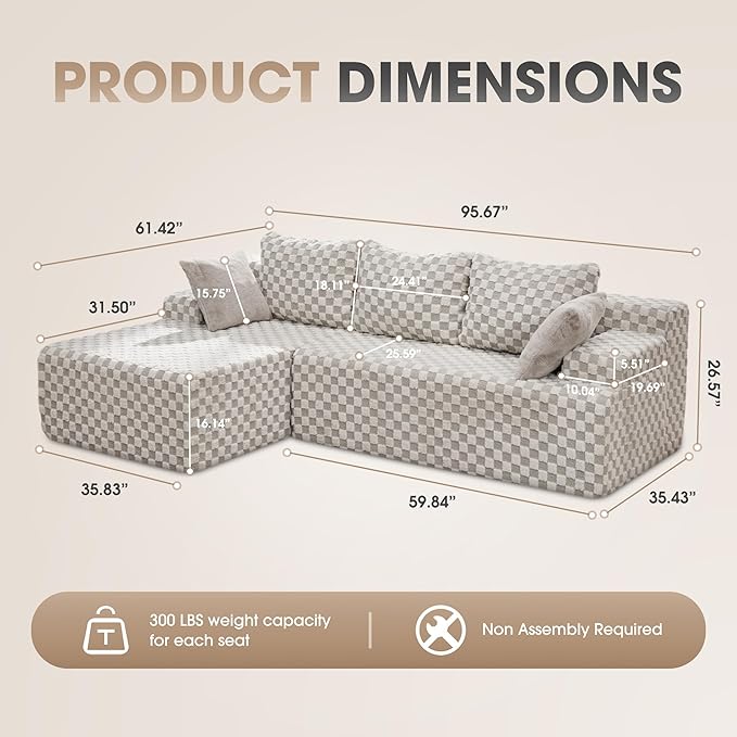 Hobestluk 96“ Modular Sectional Sofa Couches L-Shape Couch 3 Seat Modular Sofa Sectional Couches for Living Room, Cloud Couch with Oversized Chaise (Greygreen, Checked (Left Facing Chaise))-Ruum Studio Home