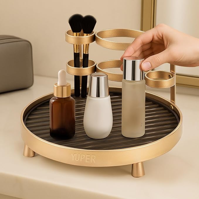 YUPER Bathroom Counter Organizer, Round Bathroom Organizers and Storage with Toothbrush Holder, Makeup Storage Vanity Tray Perfume Organizer, Bedroom Corner Counter Storage Sink Shelf Gold-Ruum Studio Home
