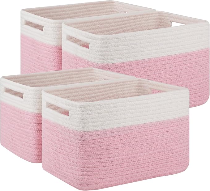 4 Pack Storage Baskets for Organizing, Woven Baskets for Shelves - Perfect for Toys, Books, Towels, and Clothes, Durable Gift Basket Bins Toy Storage, 12.7''Lx9''Wx7.8''H, Pink & White-Ruum Studio Home