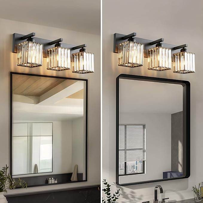 Modern Bathroom Vanity Light 3-Lights Modern Black Crystal Wall Light Bathroom Vanity Light Fixtures-Ruum Studio Home