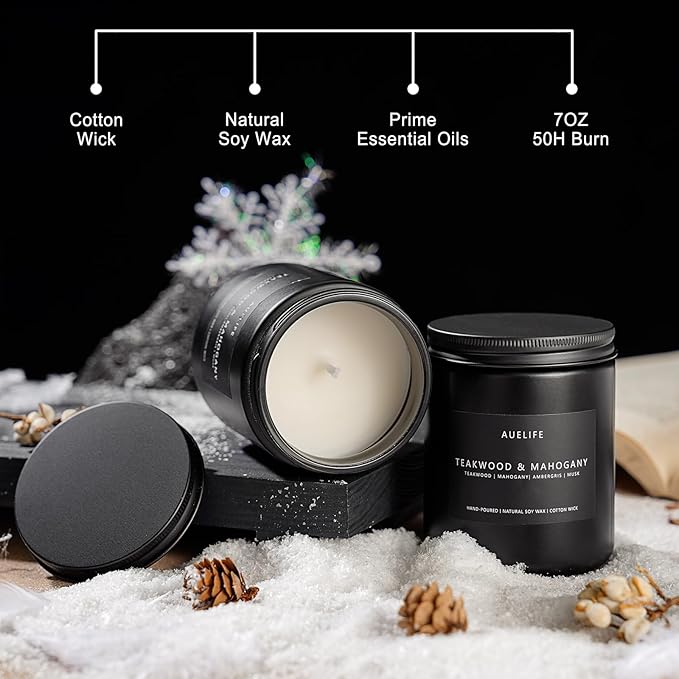 2 Pack Teakwood & Mahogany Candle | Scented Candles for Men, Man Gifts for Men - Masculine Candles - Soy Candle for Home Scented - 7oz Black Jar, Long Lasting-Ruum Studio Home