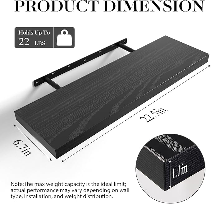 BAYKA Floating Shelves for Wall, 22.5" Wall Mounted Rustic Wood Shelves for Bathroom, Bedroom, Living Room, Kitchen, Office, Hanging Shelf for Books/Storage/Room Decor Capacity (Black, Set of 2)-Ruum Studio Home