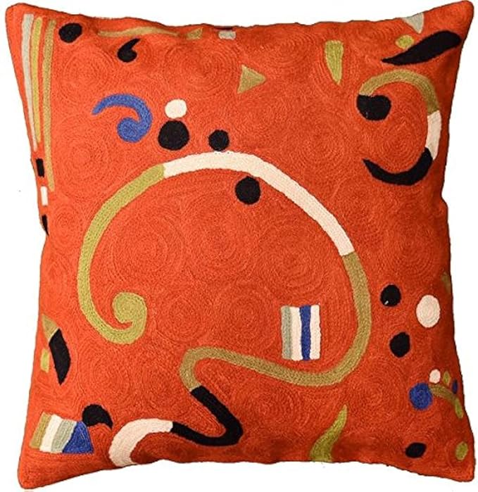 Kandinsky Modern Pillow Cover - Orange Ribbon | Mid Century Chair Cushions | Orange Abstract Pillows | Contemporary Pillowcase | Modern Couch Pillows | Hand Embroidered Cushion | Wool Size 18x18-Ruum Studio Home