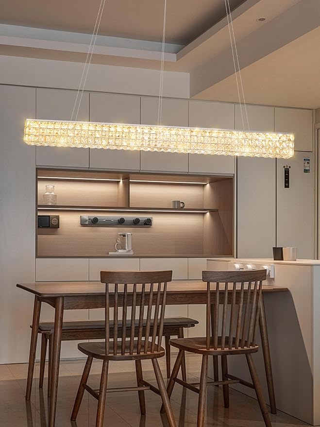 W48 Modern Rectangular Crystal Chandeliers Dining Room Chandelier,Silver Pendant Light Fixture with Remote Control for Living Room Kitchen Island-Ruum Studio Home