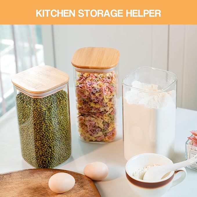 YUNCANG Glass Storage Jars 6 Pack 37oz Clear Glass Food Storage Containers with Airtight Bamboo Lid Stackable Kitchen Canisters for Candy,Cookie,Rice,Sugar,Flour,Pasta,Nuts and Spice Jars(Square)-Ruum Studio Home